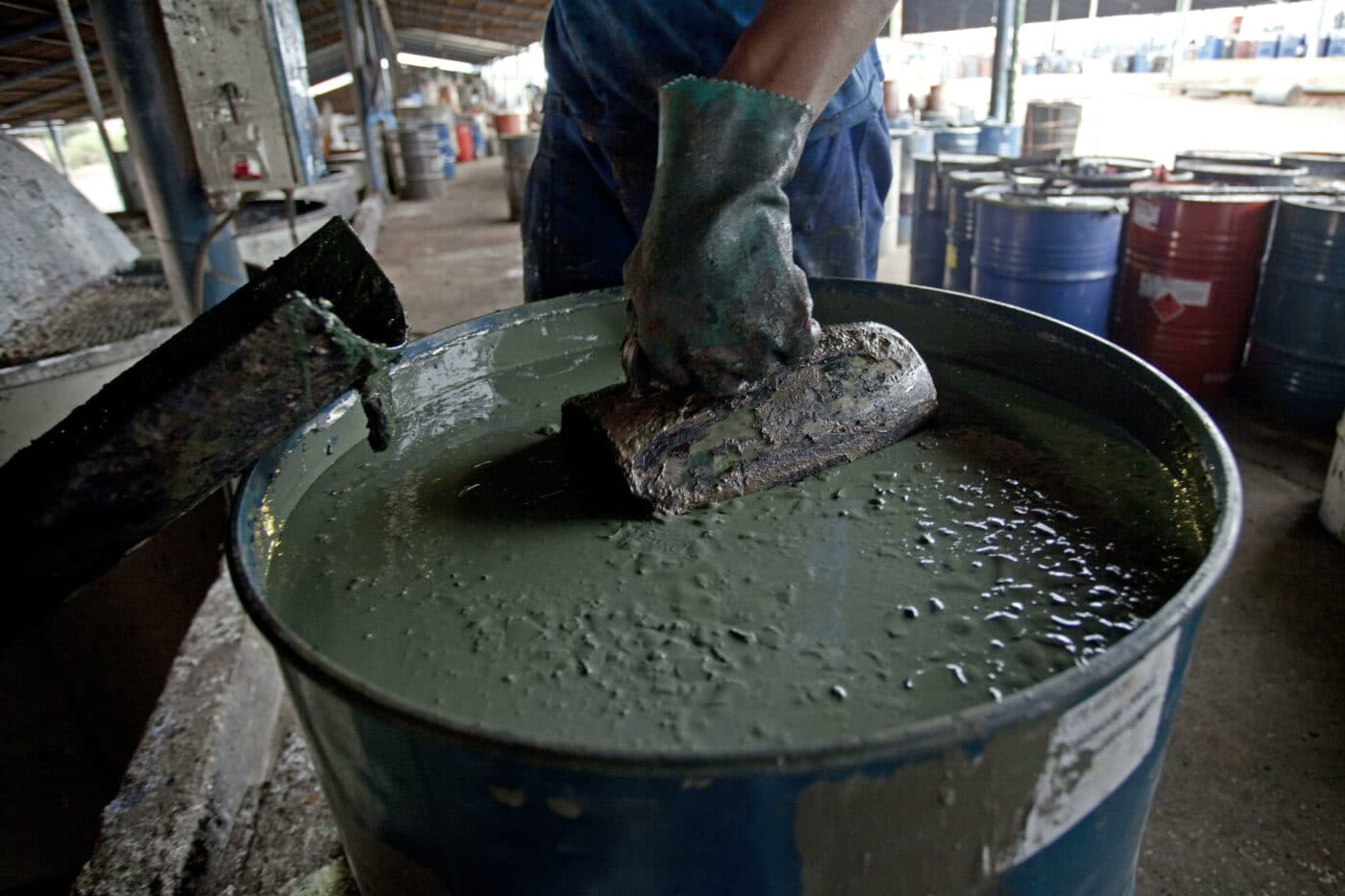 Drum with ink that results from the recycling of paint thinner and other solvents. Image shot 06/2013. Exact date unknown.